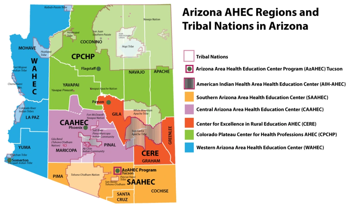 Map of Arizona with AHEC Regional Centers listed