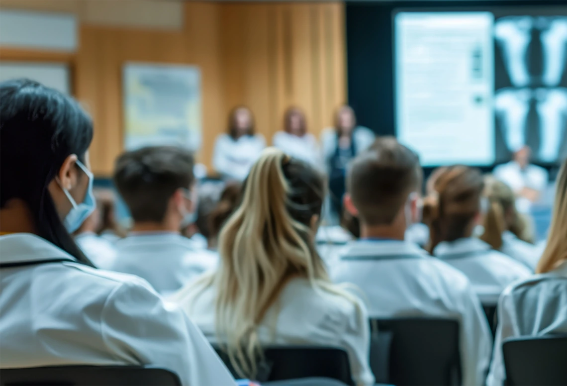 A rear view of people attending a medical seminar with projected X-rays