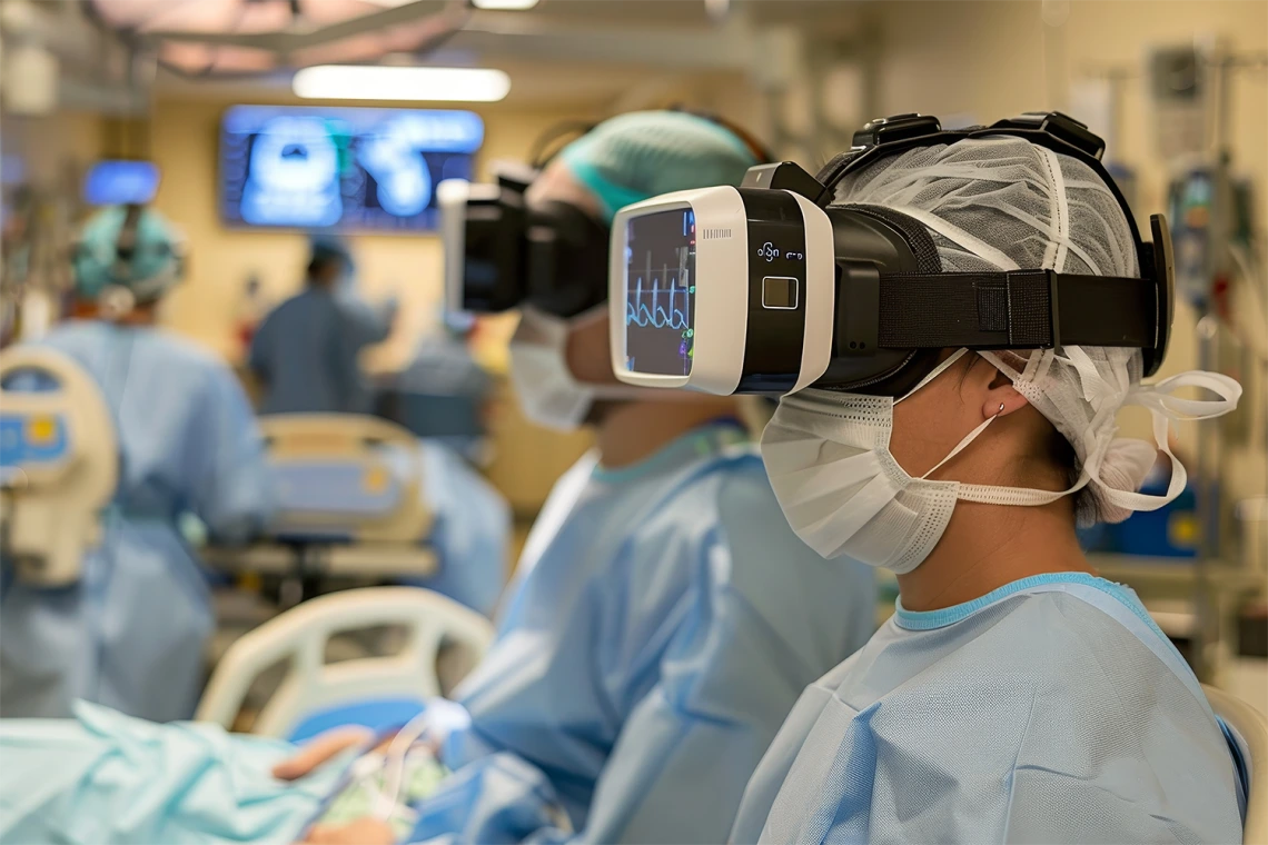 Group of surgeons wearing virtual reality headsets, working on medical simulations in a hospital setting, Developing virtual reality simulations for medical training and education