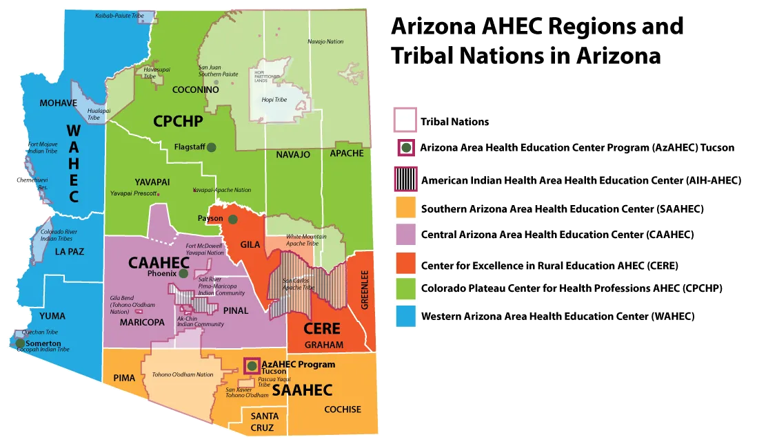 Map of Arizona with AHEC Regional Centers listed