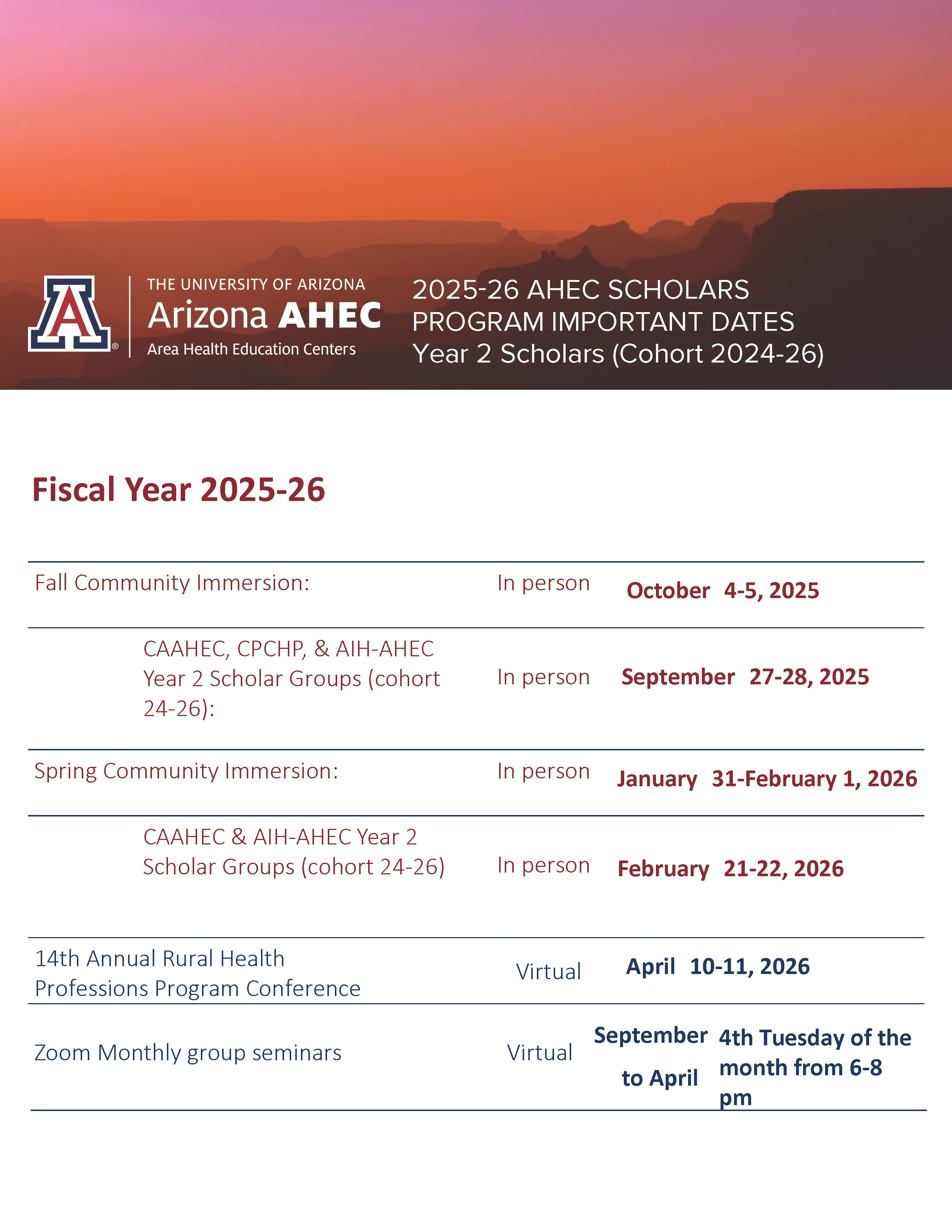 2025-2027 ASP important dates for year 2 scholars, cohort 24-26